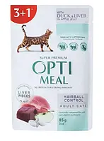 Влажный корм OPTIMEAL для кошек, с эффектом выведения шерсти, с уткой и печенью в яблочном желе 85 гр * 12 шт