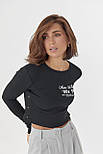 Трикотажна кофта в рубчик із принтом і кнопками — чорний колір, M (є розміри), фото 5