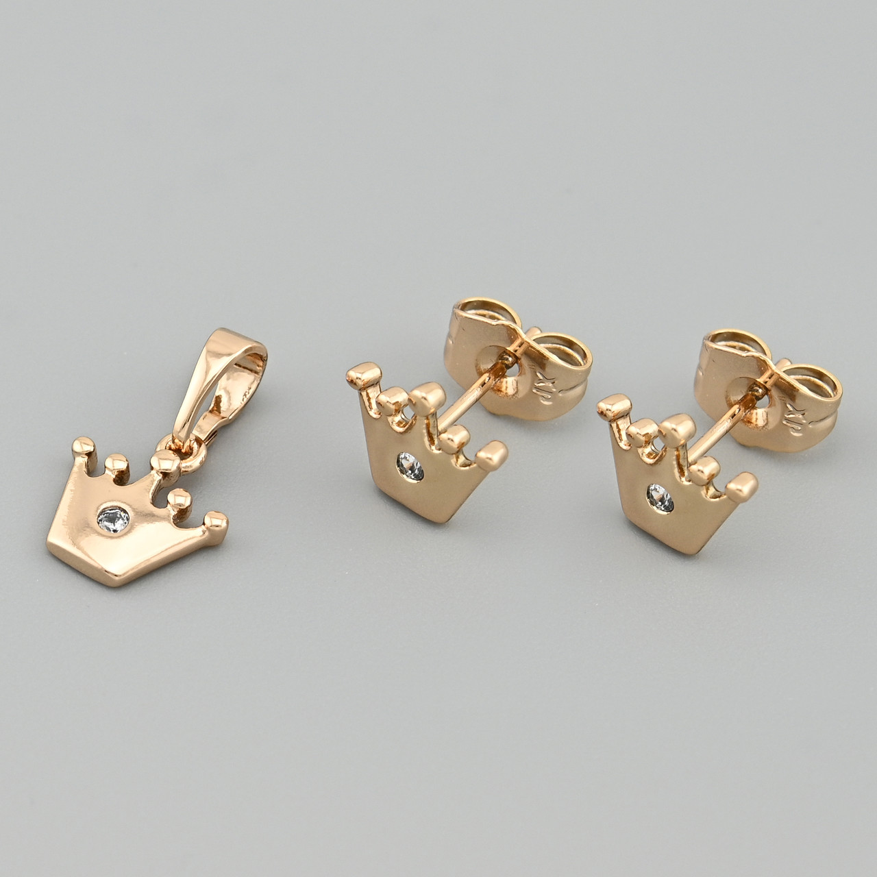 Сережки Корона 46554 розмір 9х8 мм + кулон 15х10 мм білі фіаніти вага 1.7 г позолота 18К, фото 1