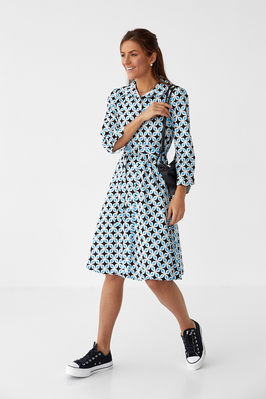 Сукня міді на ґудзиках під поясок hot fashion — синій колір, S (є розміри), фото 1