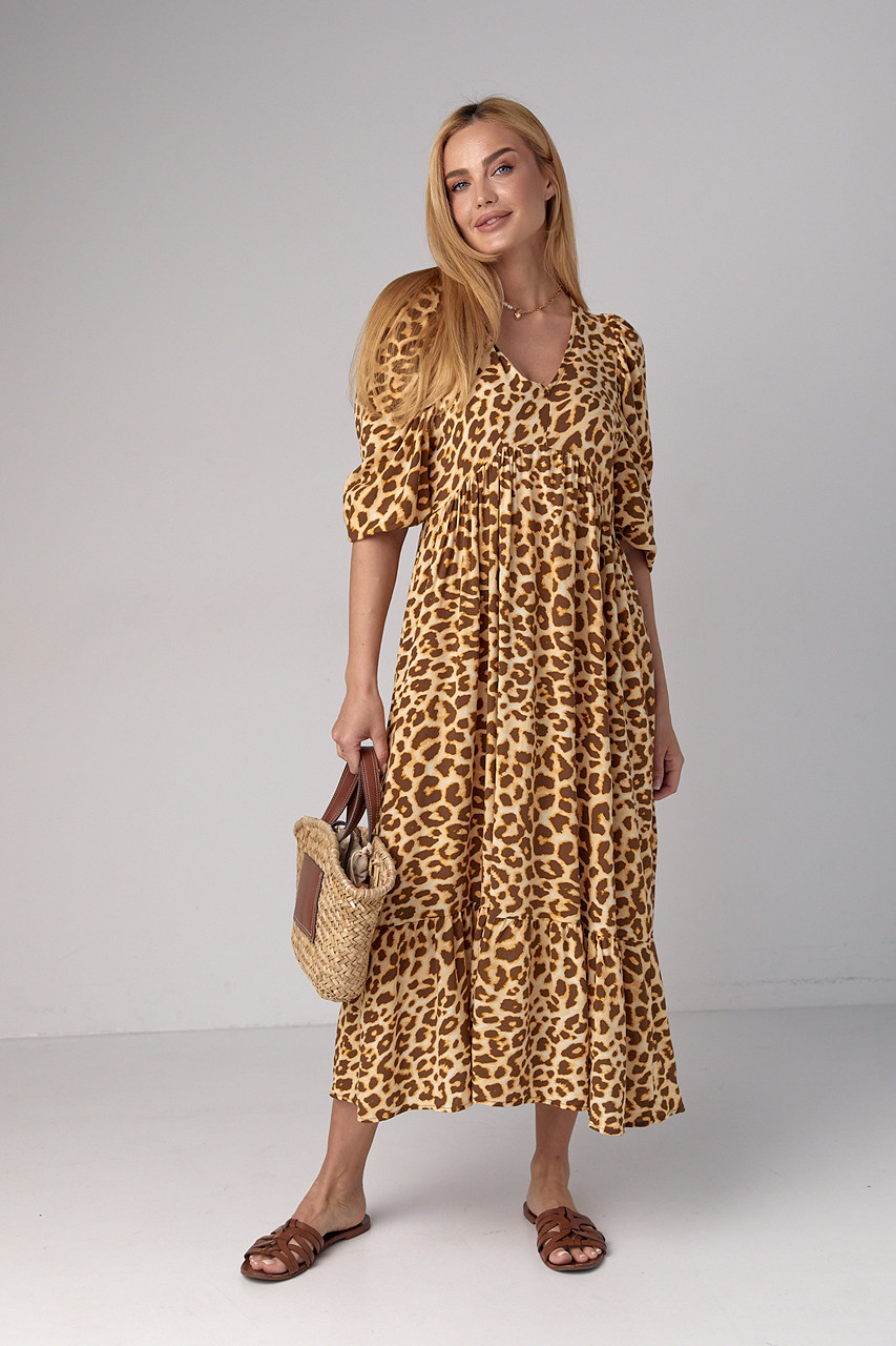 Літнє мідіплаття з леопардовим принтом — світло-коричневий колір, S (є розміри), фото 1