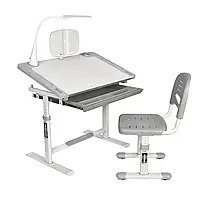 Учнівський набір: FunDesk Littonia Grey з трансформованими ПАРТА (800x505x547~727 мм) та СТІЛЕЦЬ+ лампа та підставка для книг