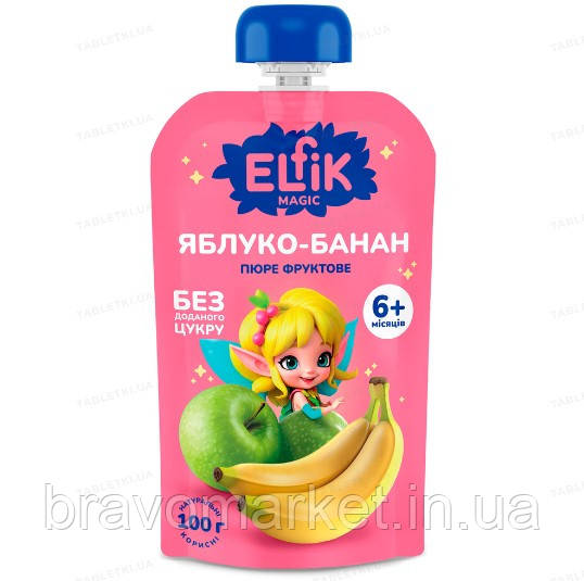 Пюре для дітей від 6міс фруктове Яблуко-банан Elfik Magic 100г, фото 1