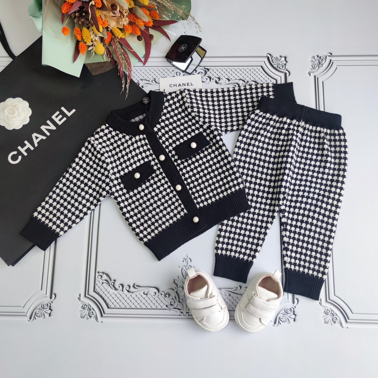 Дитячий чорний теплий в'язаний брендовий костюм Шанель для новонароджених