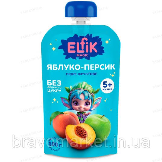 Пюре для дітей від 5міс фруктове Яблуко-персик Elfik Magic 100г, фото 1
