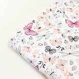 Бязь " Метелики та бабки з квітами " малинового, пудрового кольору на білому тлі № Е-3320, фото 8