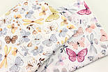 Бязь " Метелики та бабки з квітами " малинового, пудрового кольору на білому тлі № Е-3320, фото 7