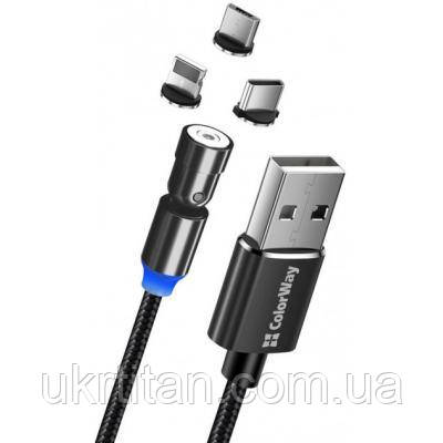 Оригінал! Дата кабель USB 2.0 AM to Lightning + Micro 5P + Type-C 1.0m Magnetic Ro ColorWay (CW-CBUU037-BK) - Вища Якість!, фото 1