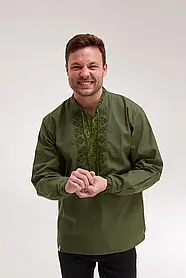 Чоловіча зелена шино вишиванка сорочка із зеленою вишивкою