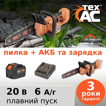 КОМПЛЕКТ пила + акумулятор + зарядний пристрій Tex.AC TAOE-S8+B610+С2 (20 В, 6 А/год, плавний пуск), фото 1