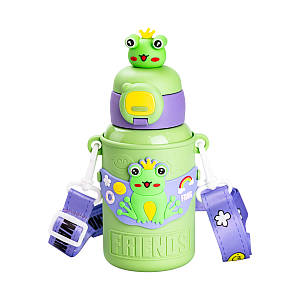 Дитячий сталевий термос із поїлкою Warm Friends 450 мл зі знімним силіконовим чохлом і ремінцем зелений