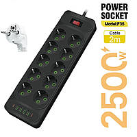 Мережевий фільтр живлення Power Socket F35U на 10 розеток + 4 USB + 2 Type-С Port 2 m, мережевий подовжувач розеток