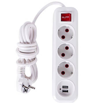 Електричний подовжувач із вимикачем на 3шт/3м і 2 USB