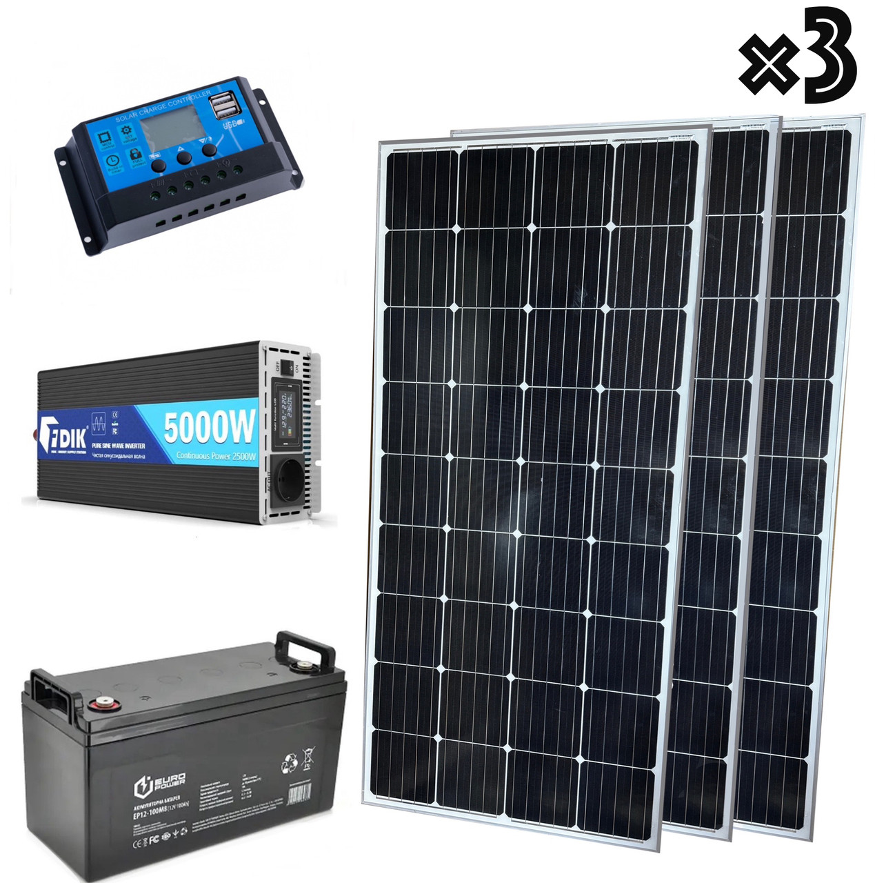 Комплект солнечной электростанции: панели 3×150W + инвертор 2500/5000Вт ...