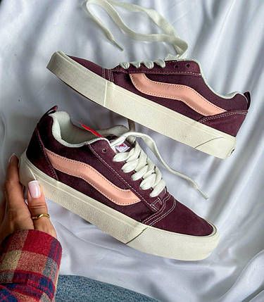 Жіночі кеди Vans Skool KNU Burgundy Pink Premium Ванс Кну низькі бордові з рожевим замша демісезон, фото 1