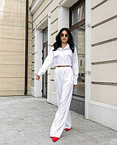 Сатиновий жіночий костюм у піжамному стилі укорочена сорочка на ґудзиках та вільні брюки Ds5598, фото 4