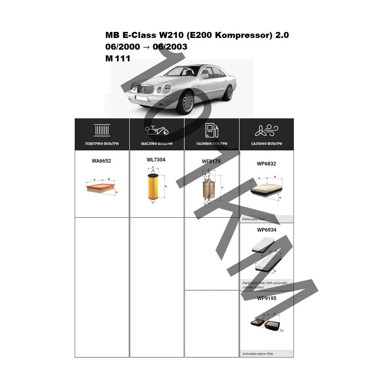 Комплект фільтрів MB E-Class (W210) E200 Kompressor 2.0 (2000-2003) (M111) WIX