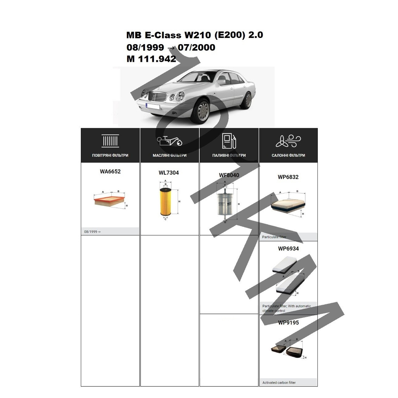 Комплект фільтрів MB E-Class (W210) E200 2.0 (1999-2000) (M111.942) WIX
