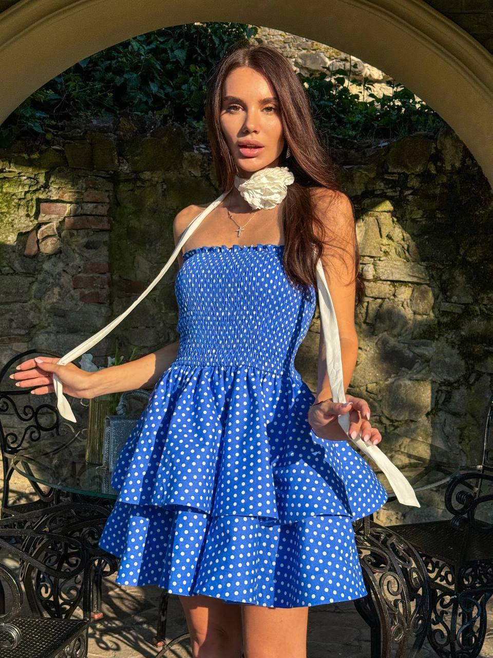 Літня жіноча сукня в горошок з пишною подвійною спідницею з льону Sms9182