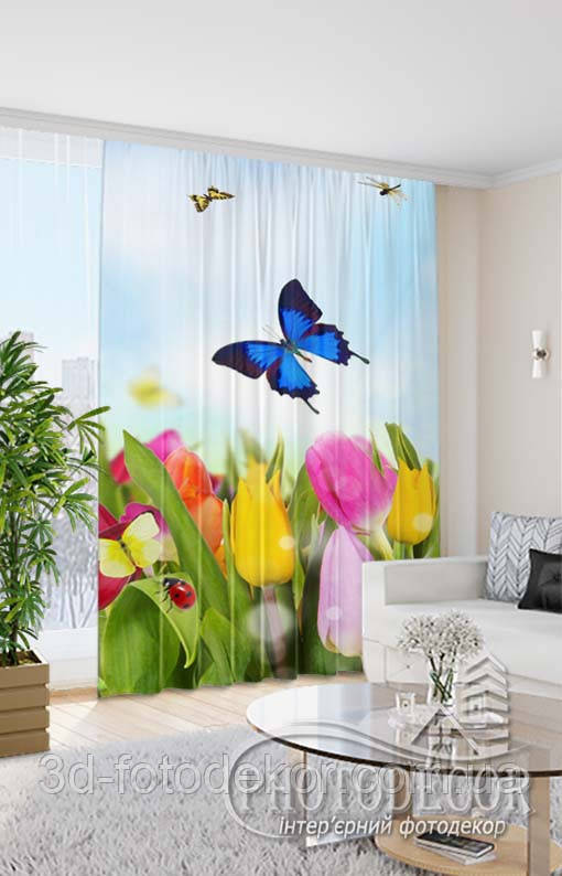 Фото Штора "Тюльпани з метеликами" висота - 3,0м, ширина - 1,45м, тасьма
