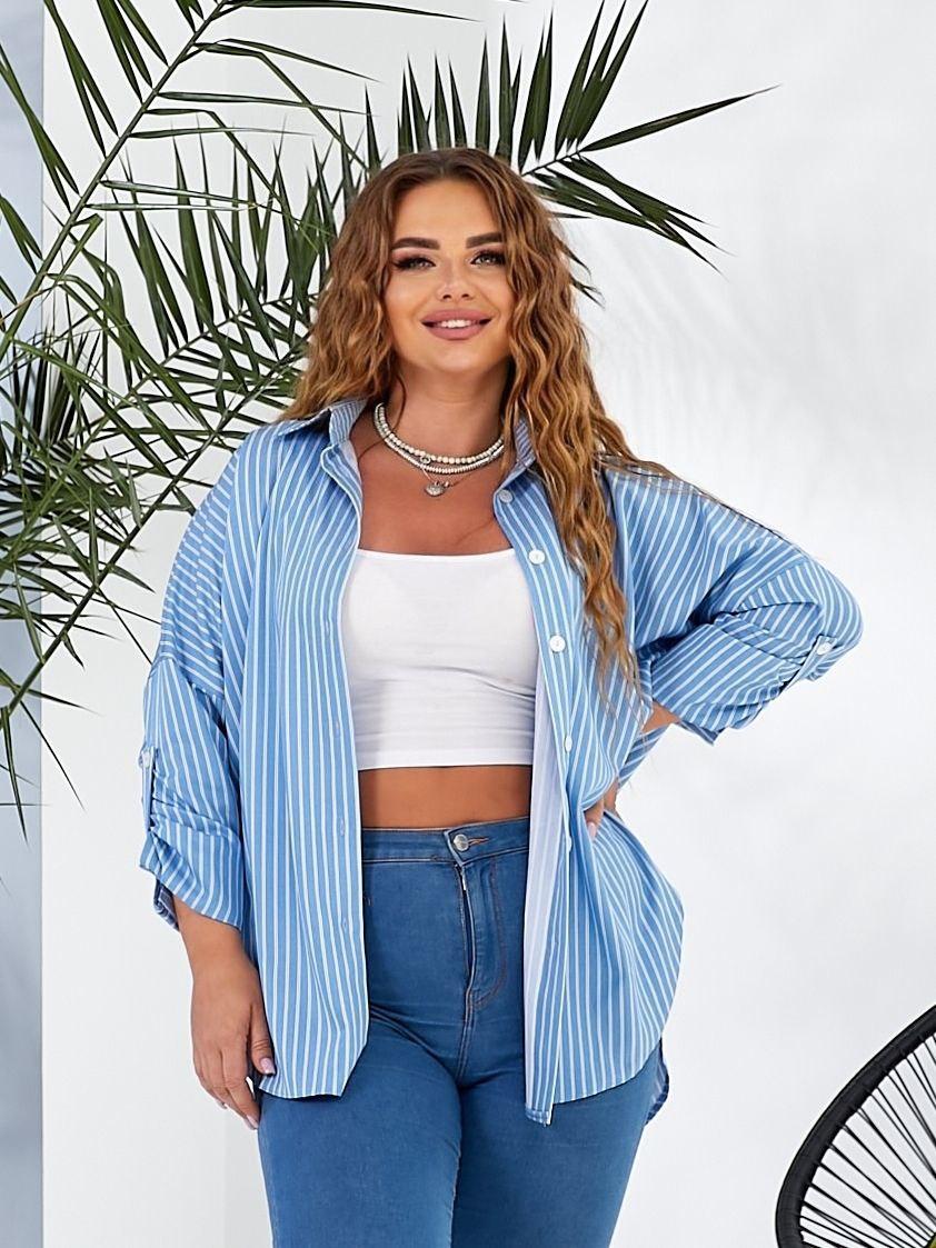 Женская хлопковая рубашка голубая в полоску большого размера plussize 50-56 коттон на пуговицах, фото 1