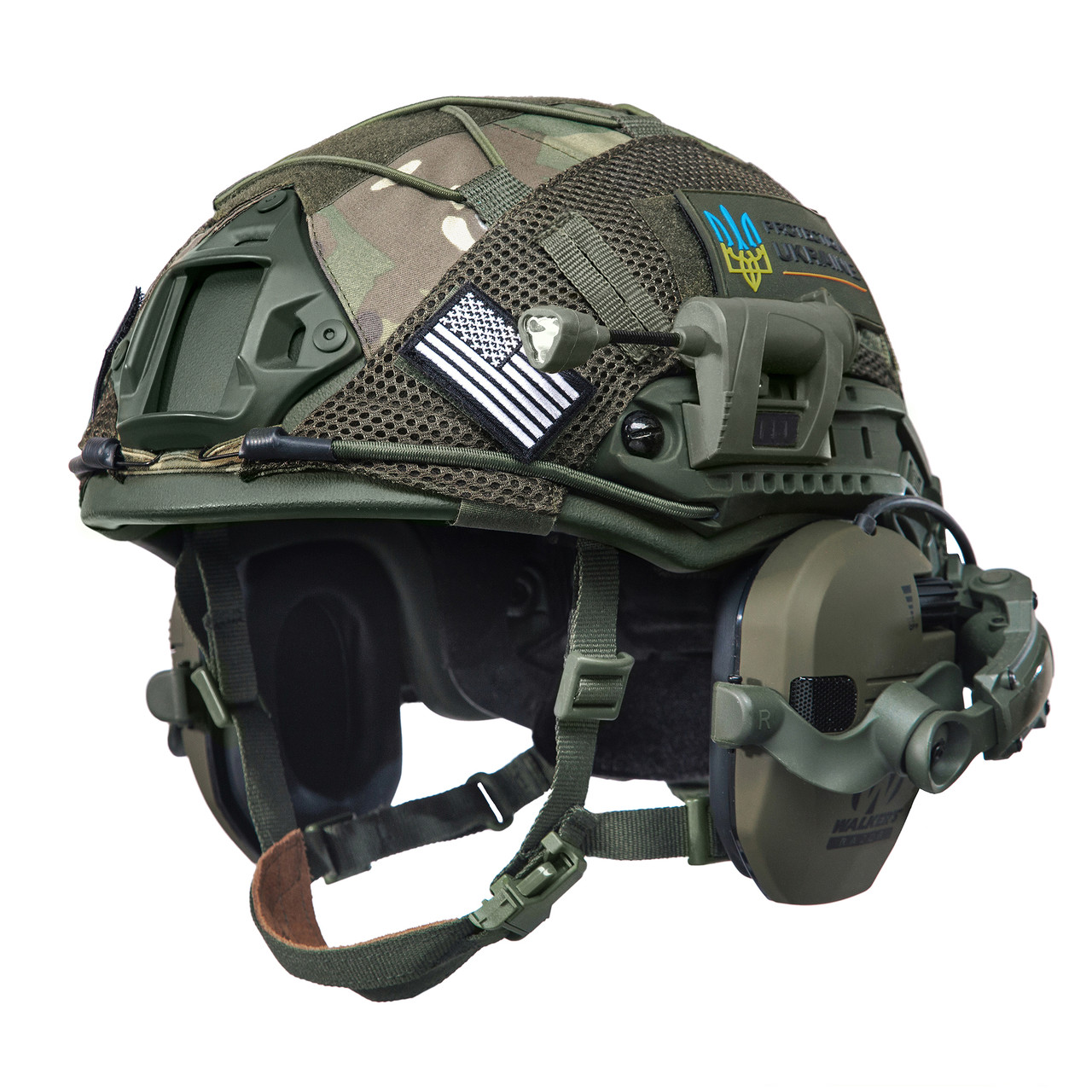 Шолом тактичний Fast Helmet NIJ IIIA + Навушники Walkers Razor Slim з чебурашкою + ліхтарик + кавер