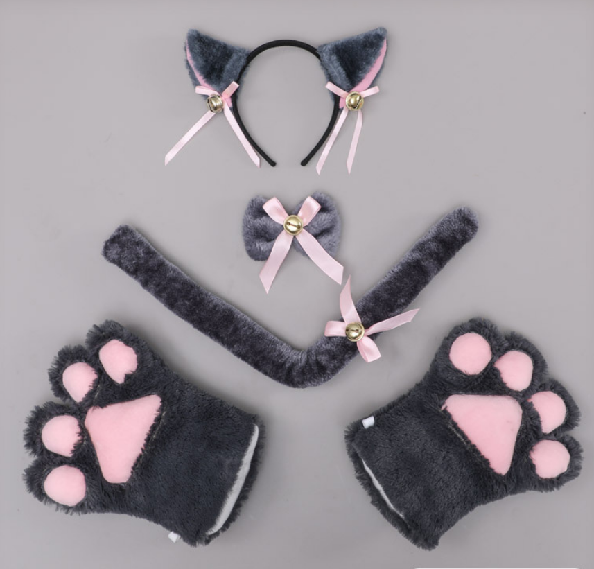 Сірий набір: вушка, хвіст, чокер, рукавички, карнавальний костюм, аніме, експлівка/FS-2315