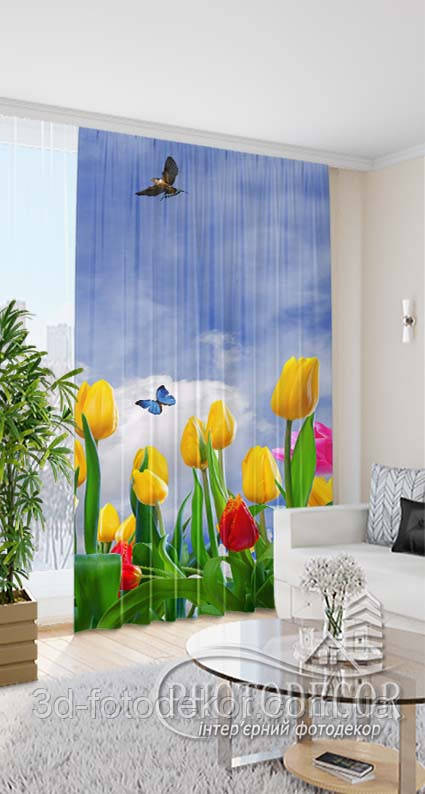 Фото Штора "Тюльпани з метеликами" висота - 2,80м, ширина - 1,33м, тасьма