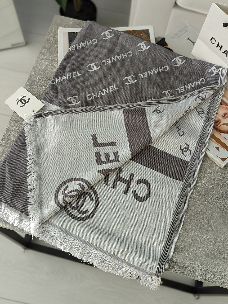 ПАЛАНТИН ШАРФ, ХУСТКА CHANEL ЖЕНСЬКИЙ ШАРФ ЛАНЕЛЬ сірий