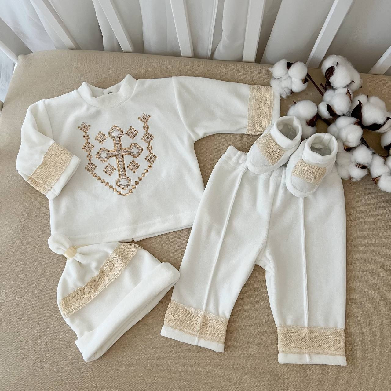 Костюм для хрещення "Янгол-3 В" велюр зріст 50 см (0 - 1 місяць) Betis Молочний, фото 1