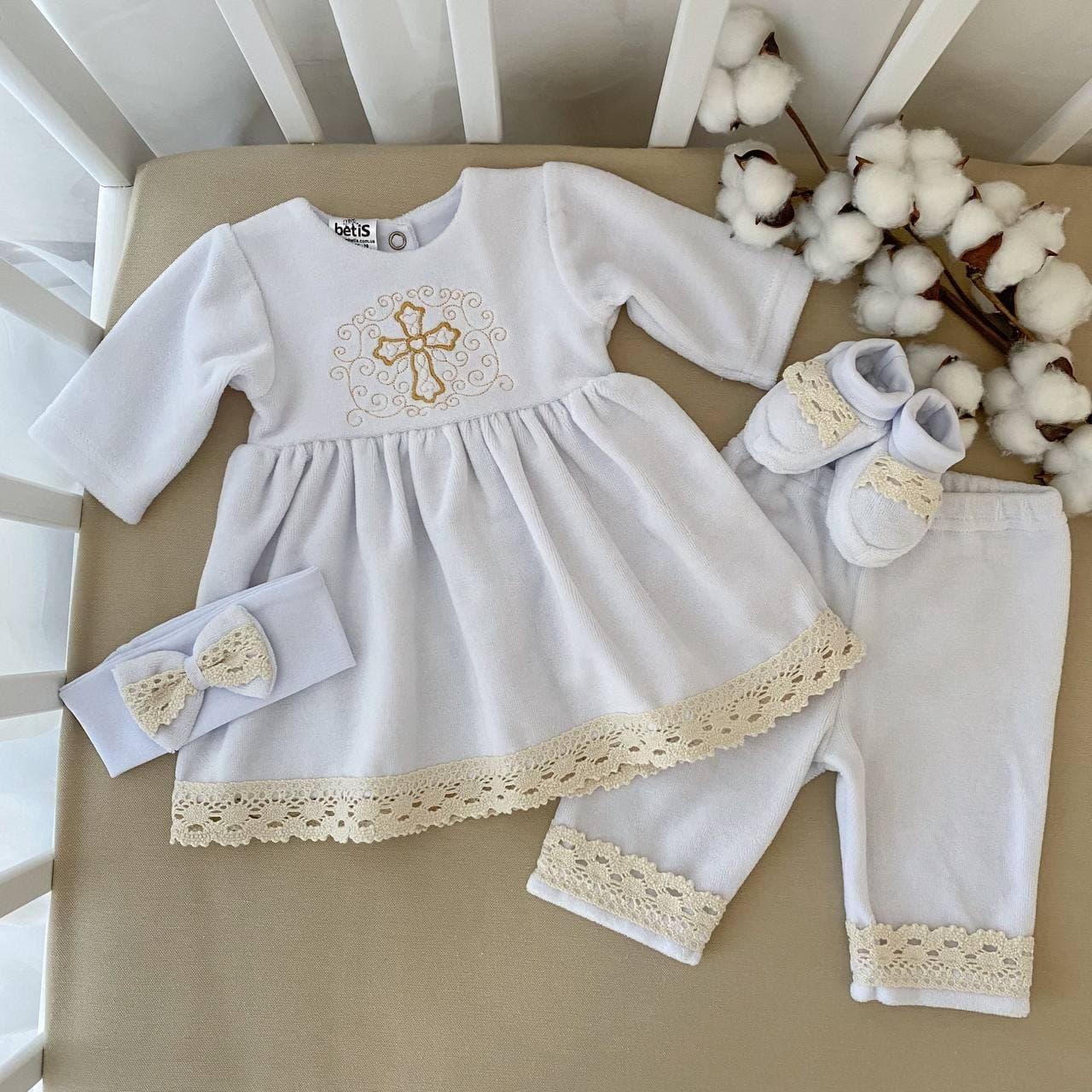 Костюм для хрещення "Чарівний янгол" дівчинка велюр зріст 86 см (12 - 18 місяців) Betis Білий із золотим, фото 1