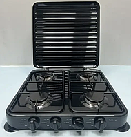 Гарна настільна газова плита на 4 конфорки з кришкою, таганок газовий на 4 конфорки з кришкою Rainberg