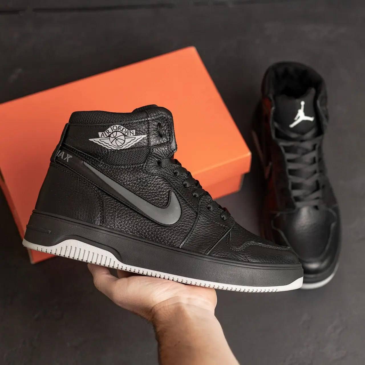 Чоловічі зимові високі кросівки Nike Air Max, чоловічі утеплені шкіряні кросівки, чорні зимові кросівки, фото 1