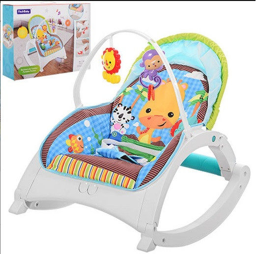 Дитячий шезлонг гойдалка FichBaby 88956, веселі мелодії, вібрація, дуга з брязкальцями, регулювання положення, фото 1