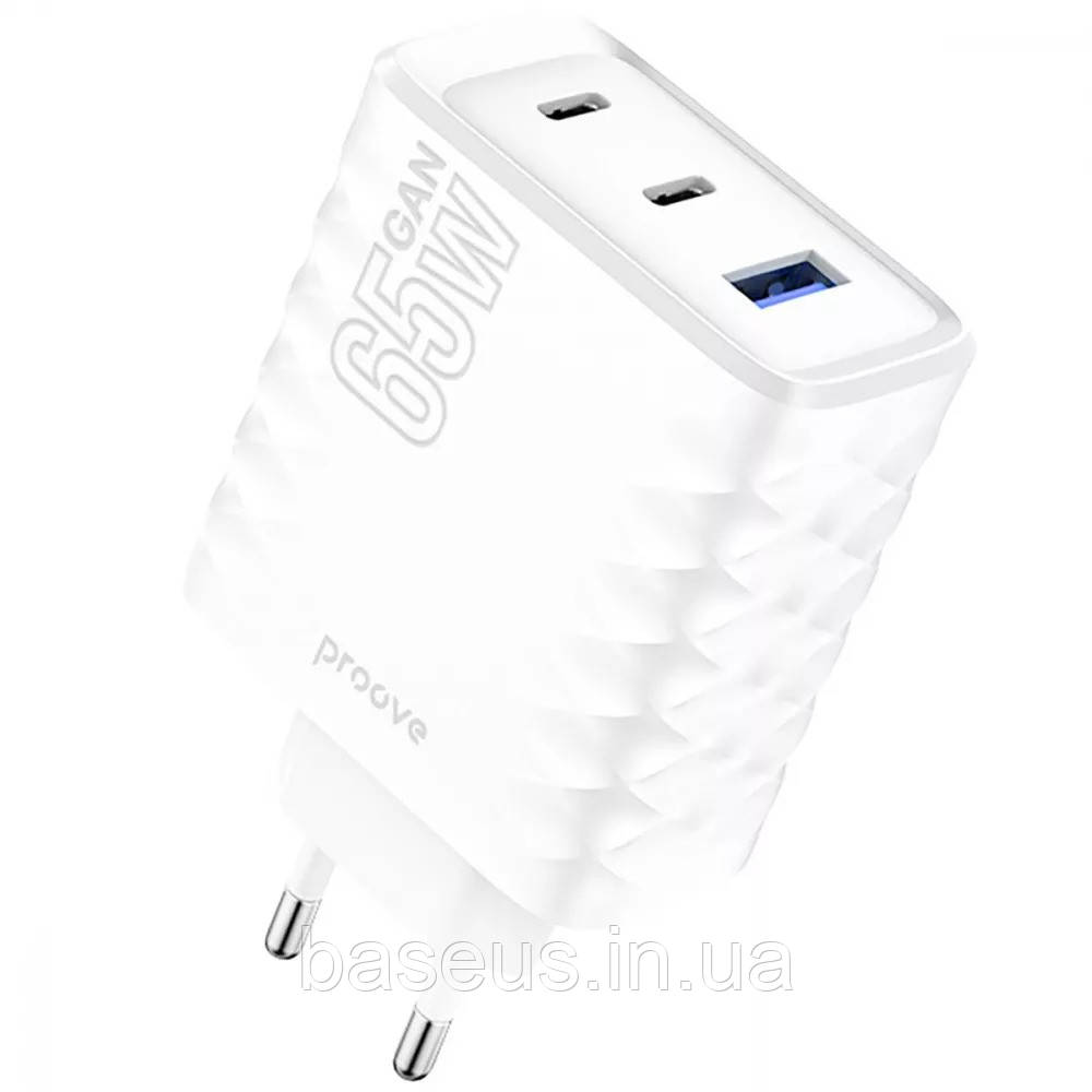 Мережевий зарядний пристрій Proove Speed Surge Gan 65W (USB + 2 Type-C), White