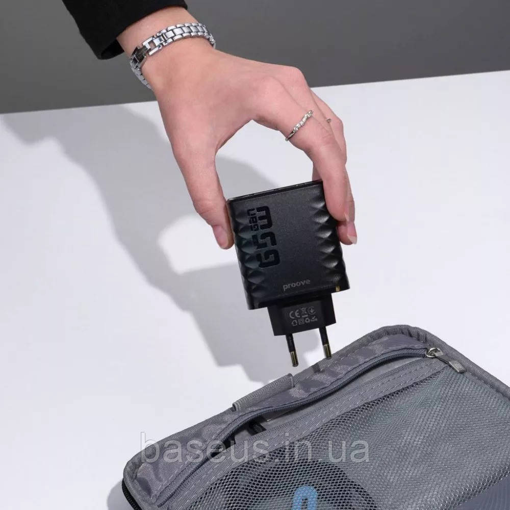 Мережевий зарядний пристрій Proove Speed Surge Gan 65W (USB + 2 Type-C), Black