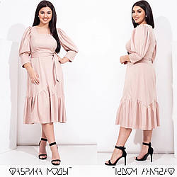 Літнє однотонне плаття довжина міді об'ємні рукави 48 50 52 54