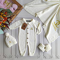 В’язаний набір на виписку у подарунковій коробці, комплект для новонароджених Шанель Молочний