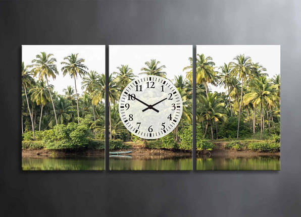Яскрава Картина з Годинниками Тропики із Зеленими Пальмами Модульний Декор на Стіну Океан із Човном Зелені Пальми VE, фото 1