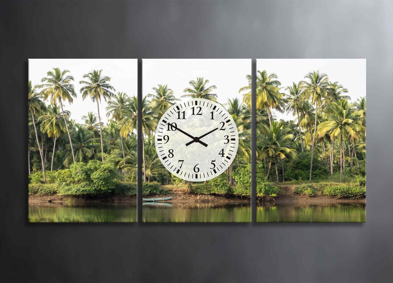 Яскрава Картина з Годинниками Тропики із Зеленими Пальмами Модульний Декор на Стіну Океан із Човном Зелені Пальми VE