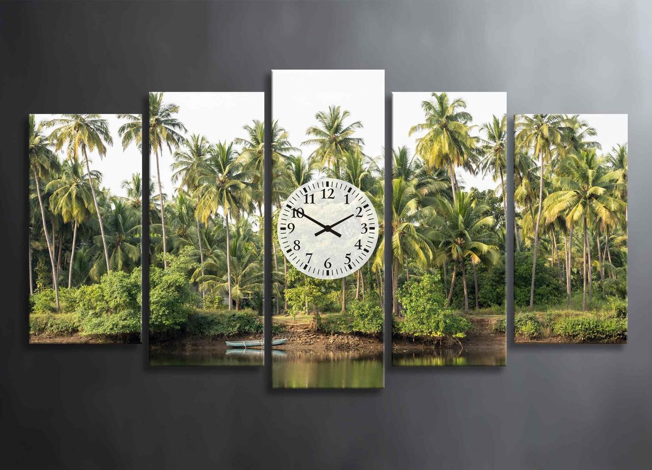 Картина з 5 частин Зелені Пальми Картина з Годинниками Тропики з Зеленими Пальмами Декор на Стіну Океан з Човном
