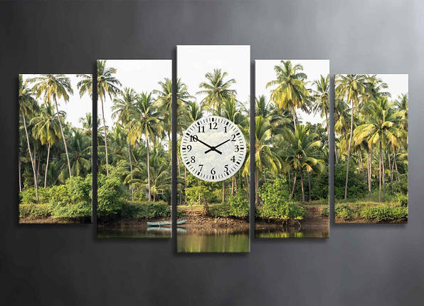 Картина з 5 частин Зелені Пальми Картина з Годинниками Тропики з Зеленими Пальмами Декор на Стіну Океан з Човном, фото 1