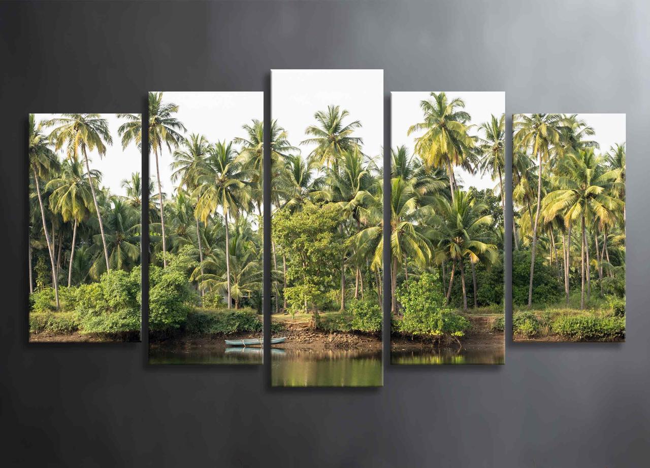 Картина з 5 частин Зелені Пальми Картина Модульна Тропики з Зеленими Пальмами Декор на Стіну Океан з Човном