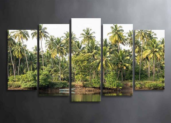 Картина з 5 частин Зелені Пальми Картина Модульна Тропики з Зеленими Пальмами Декор на Стіну Океан з Човном, фото 1