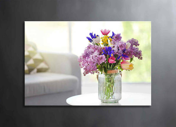 Картина Букет Квітів у скляній вазі Яскравий Декор на Стіну Квіти Тюльпани Бузок Іриси на Столі VE, фото 1