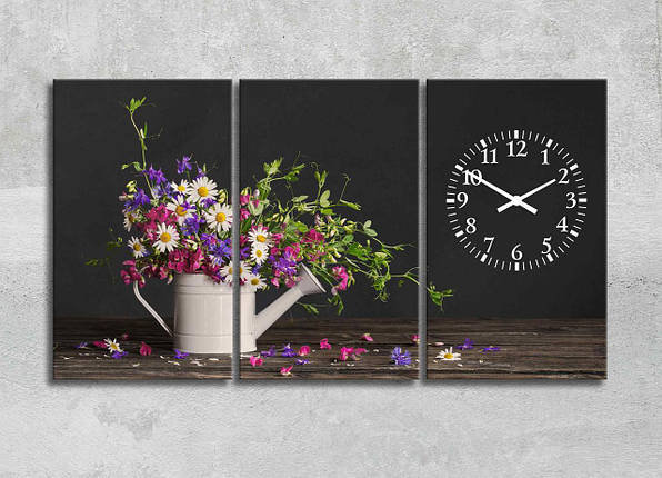 Настінні Годинники 3 частини Букет Квітів у Лійці Картина з Польовими Квітами Декор на стіну з Годинником Польові Квіти, фото 1