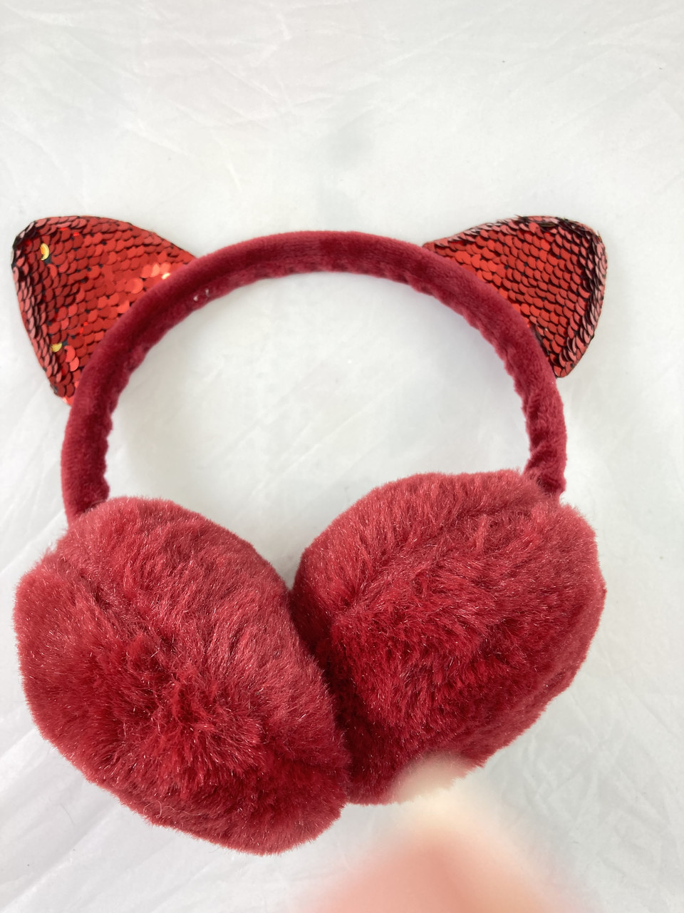 Хутряні навушники з вушками котика в паєтки, фото 1