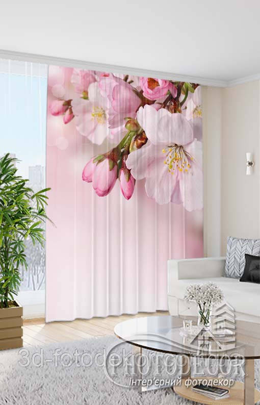 Фото Штора "Квіти яблуні", висота - 2,58м, ширина - 1,45м (1 полотно), габардин, тасьма