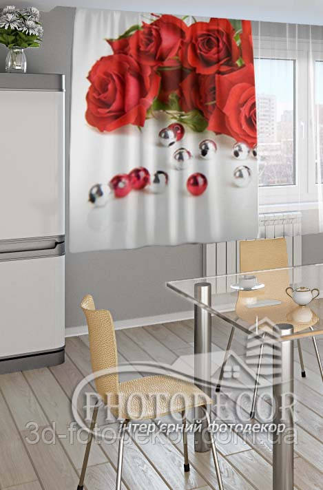 3D - Фото Штора "Червоні троянди", висота - 1,98м, ширина - 1,45м, тасьма
