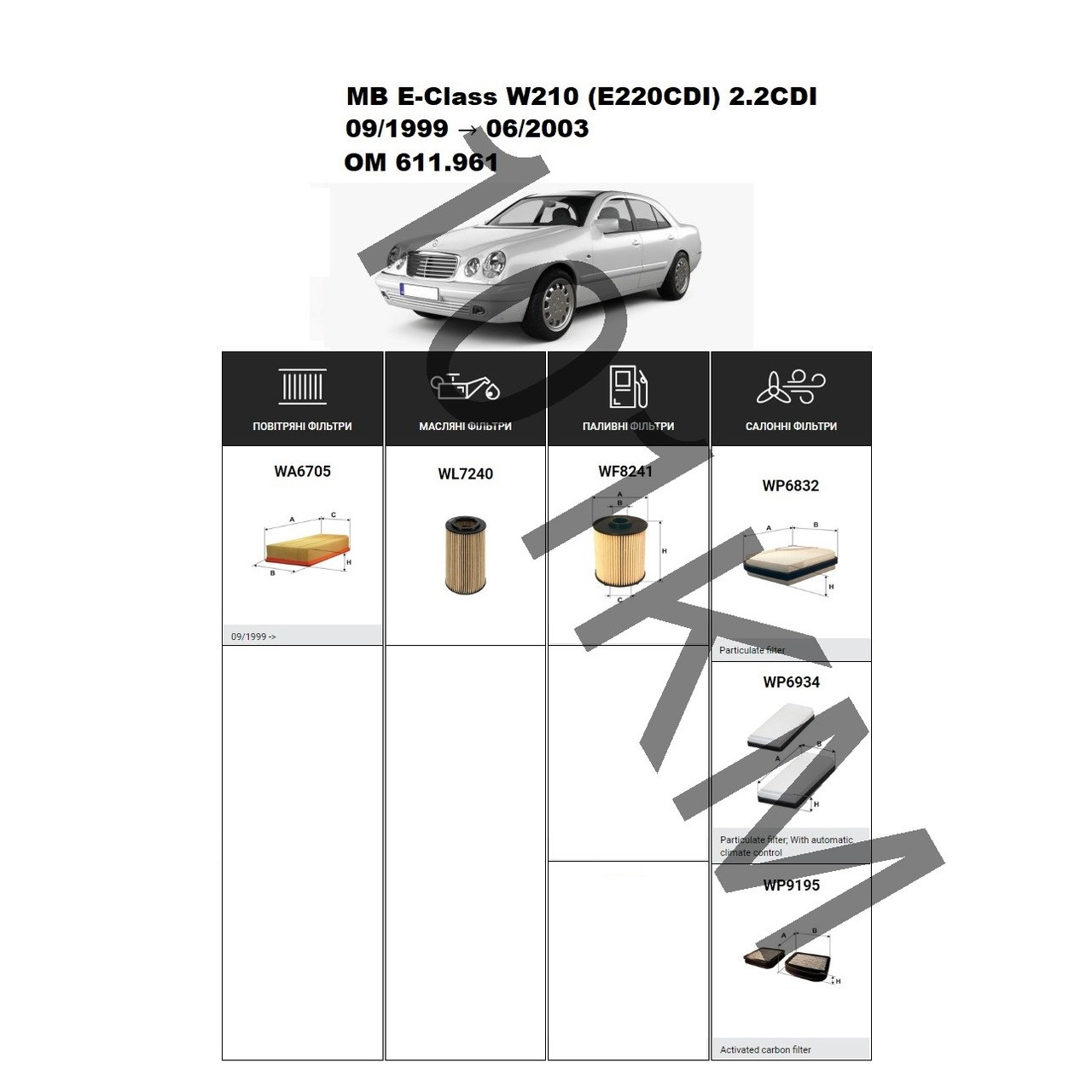 Комплект фільтрів MB E-Class (W210) E220CDI 2.2CDI (1999-2003) (OM611.961) WIX